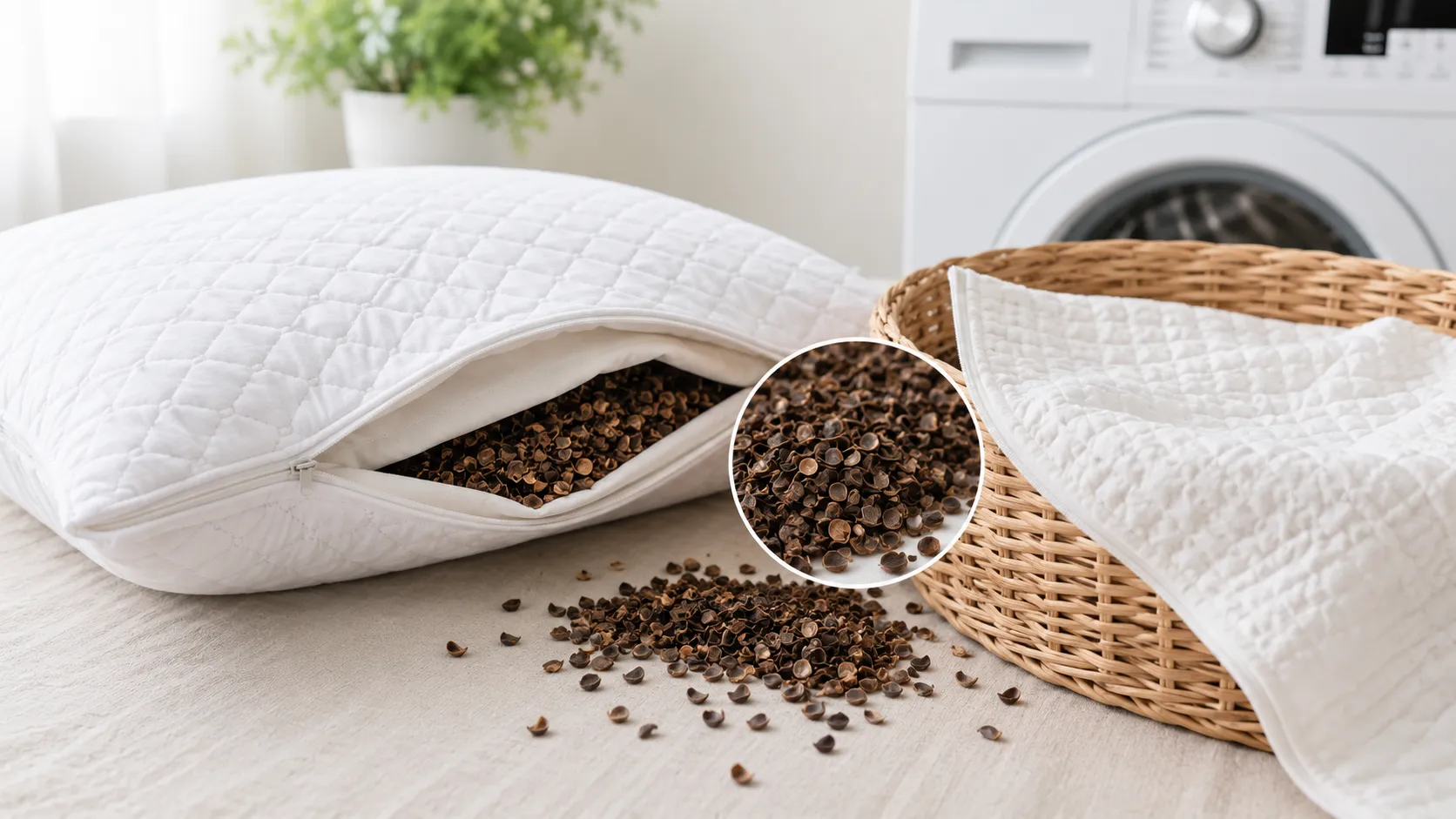 Buckwheat pillow with zipper open showing the inner hull fill being removed before washing