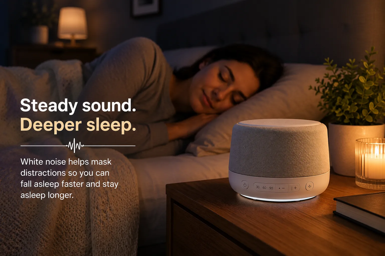 Woman sleeping peacefully beside a white noise machine in a cozy bedroom