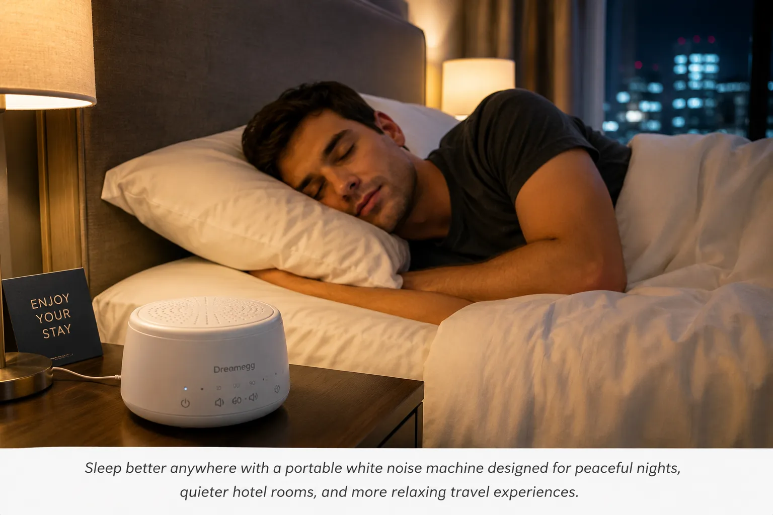 Traveler sleeping peacefully in a hotel room with a portable white noise machine nearby