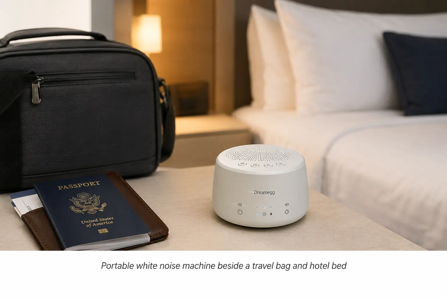 Woman peacefully sleeping with a portable white noise machine in a calming bedroom environment