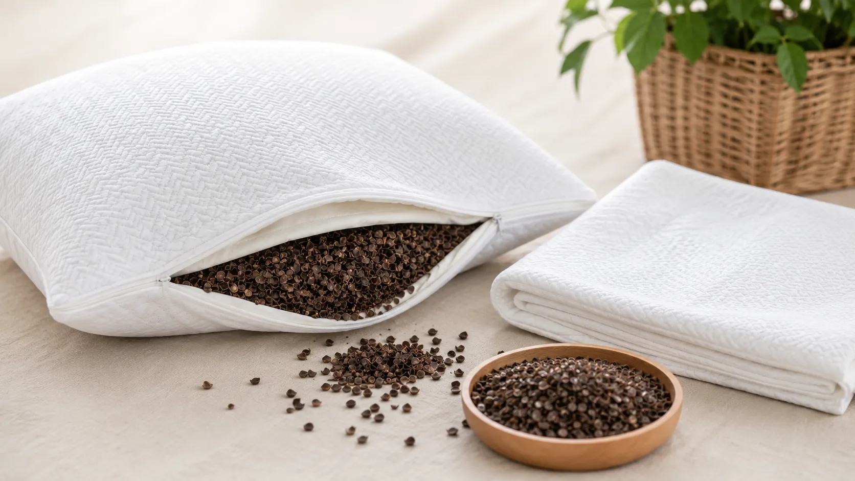 Cooling pillow laid flat on a white towel near an open window with sunlight for air drying