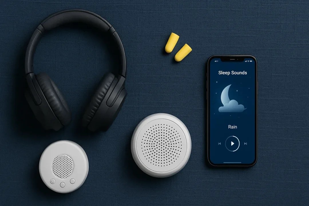 Earplugs, noise-canceling headphones, and a white noise machine displayed together on a table