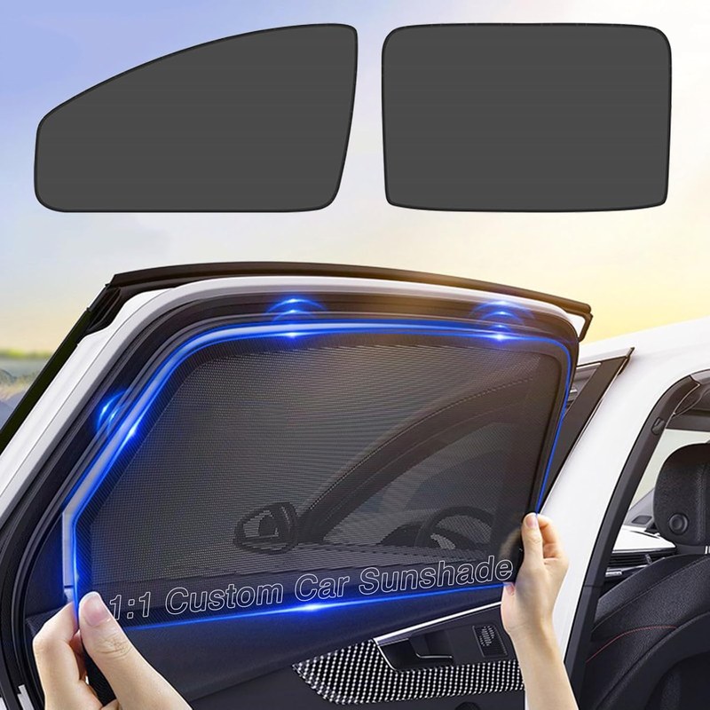 Custom-fit window cover next to a universal shade on a vehicle side window