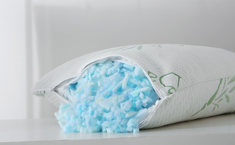 Cross-section of a memory foam pillow with polyester fill, showing dense heat-trapping layers.